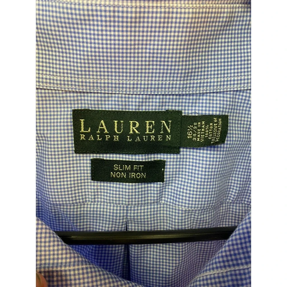 Lauren Ralph Lauren Mens Blue Gingham Slim Fit Non Iron Dress Shirt 16.5 34/35